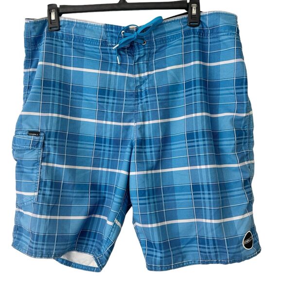 O’Neill Blue Plaid Hybrid Unlined Cargo Swim Trunks Tie Closure Men’s Size 40 - Picture 1 of 7